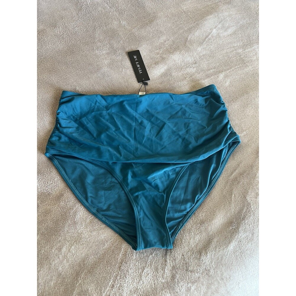 High Waisted Bikini Tummy Control Teal Ruched Swim Bottom XL Back Is Smooth